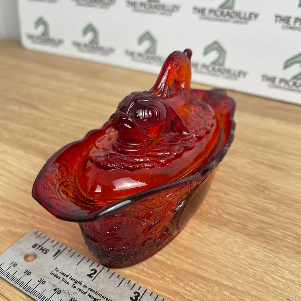 Vintage Amberina Glass Koi Fish Covered Gravy Boat Dish Red Orange 7 Inch